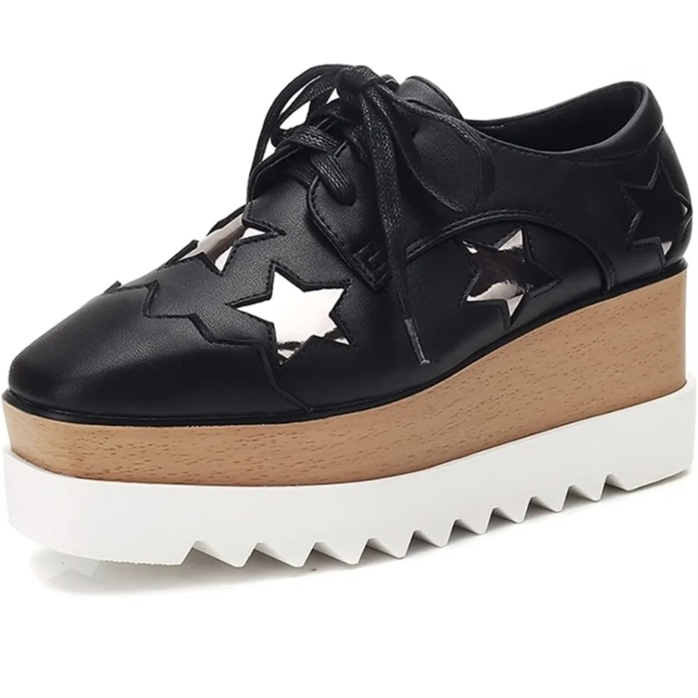 Stylish Black and Gold Women's Platform Shoes, Black w Silver Stars Sz 37(6.5)